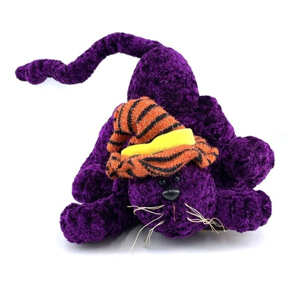 Halloween Cat Plush Toy Purple Wearing Witch Hat 8” Original Tag Vintage - Picture 1 of 9